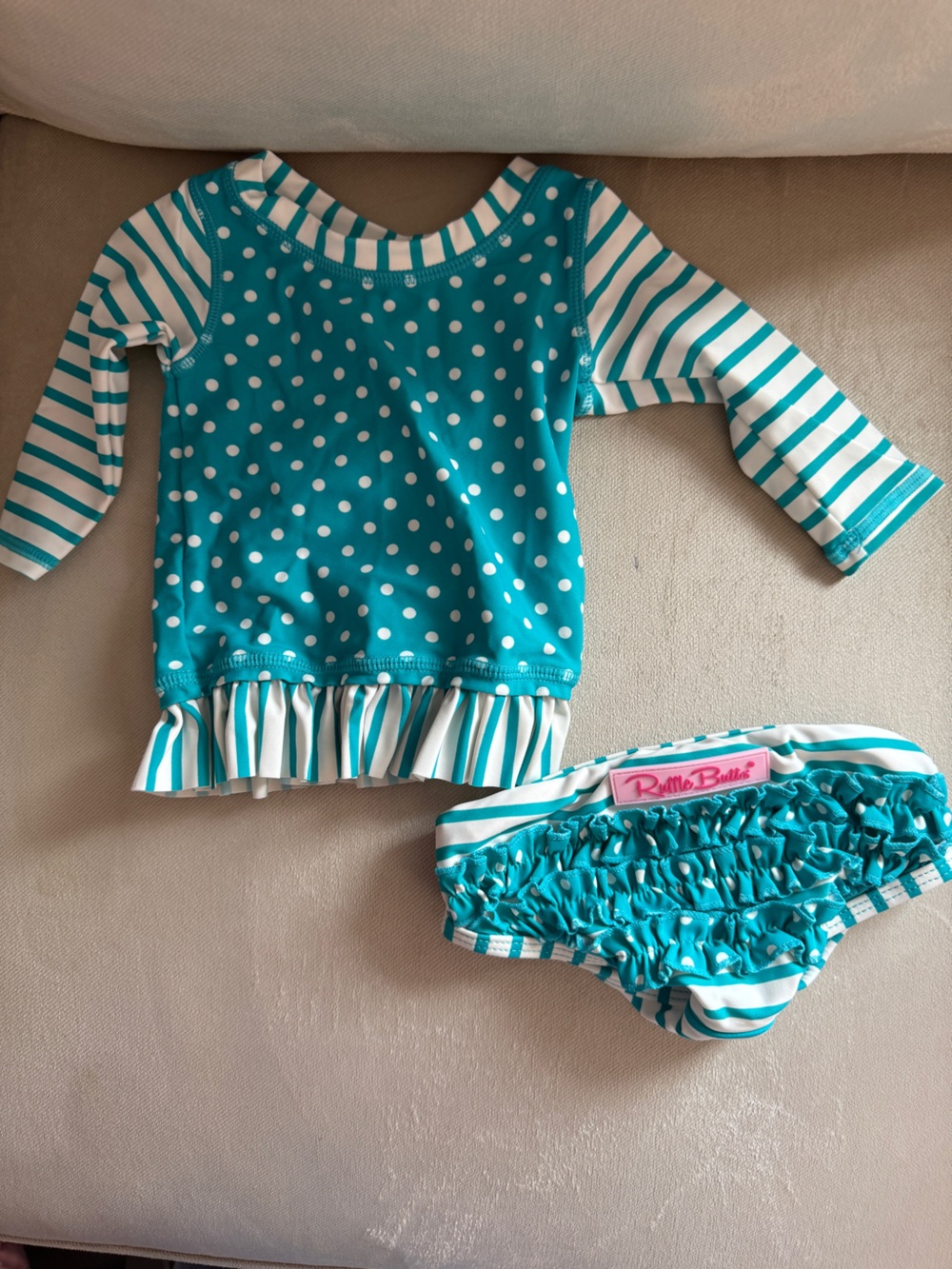 Ruffle Butts Teal & White Polka Dot Two-Piece Rashguard Set with Stripes